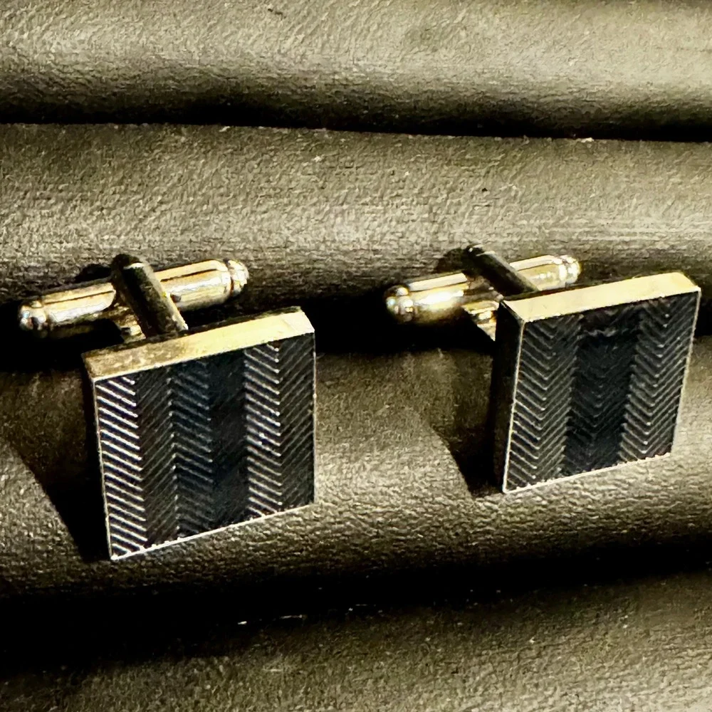 Silver Tone Mens Cufflinks Square Chevron Stripe Etched Gray Classic Tux Wedding
